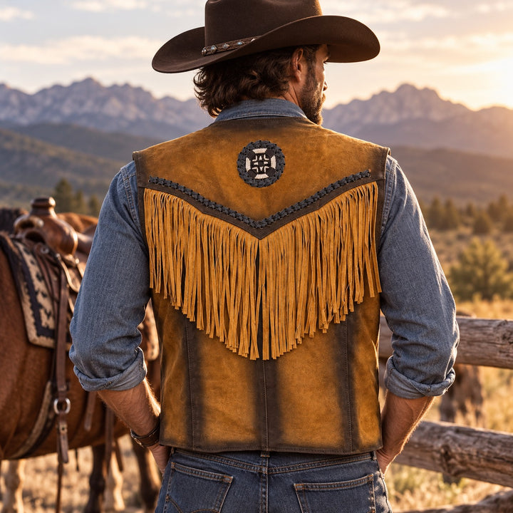 Suede Western Leather Vest with Fringes&amp; Beaded Unisex