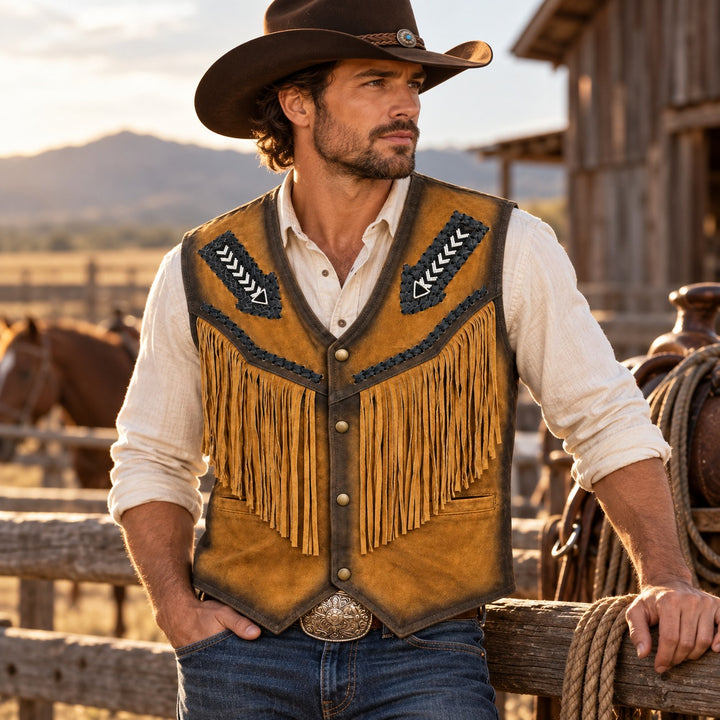 Suede Western Leather Vest with Fringes&amp; Beaded Unisex