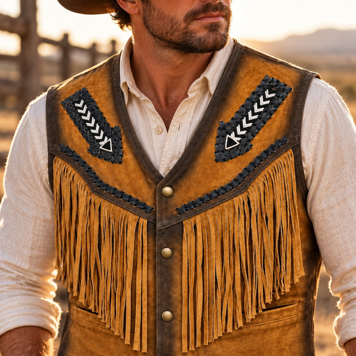 Suede Western Leather Vest with Fringes&amp; Beaded Unisex