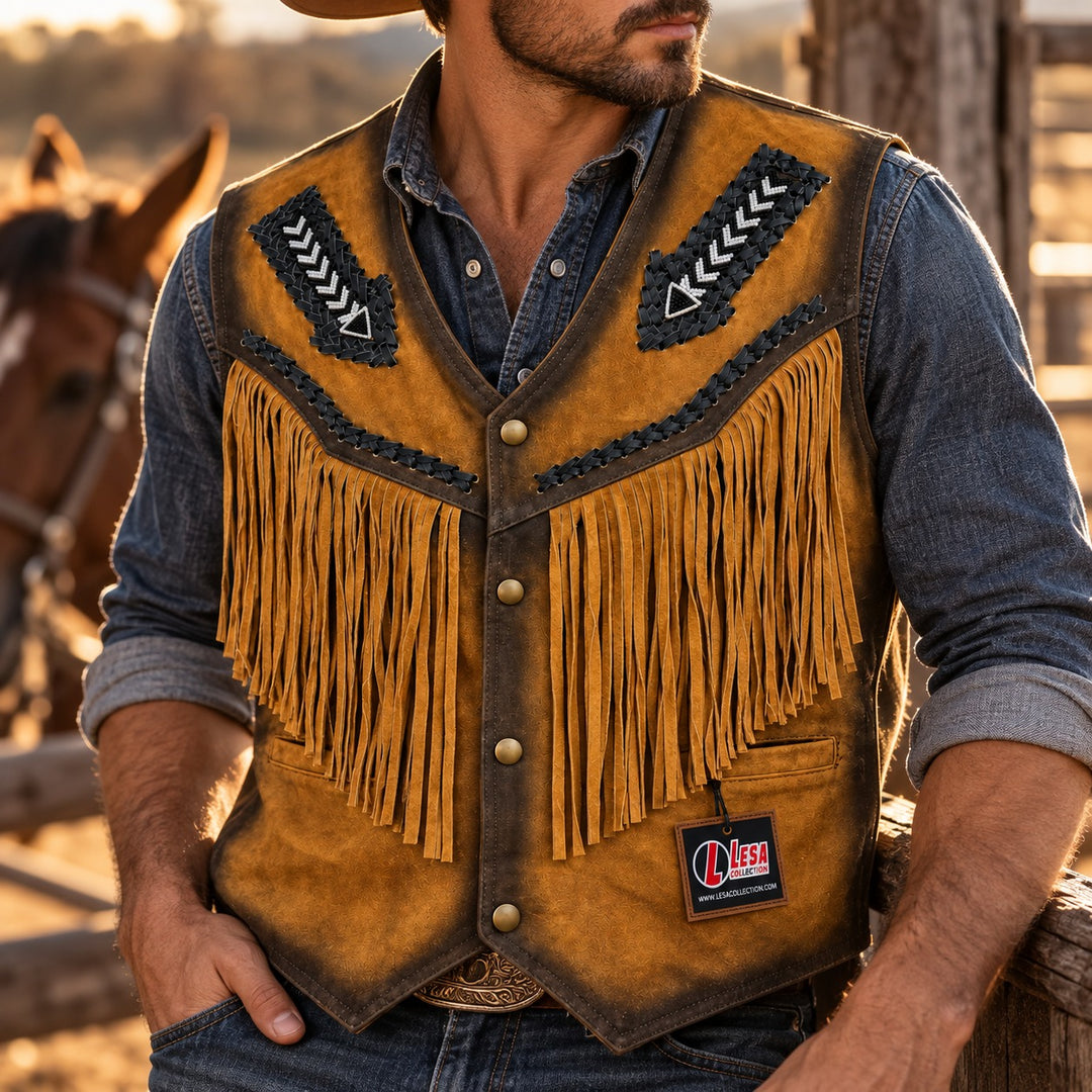 Suede Western Leather Vest with Fringes&amp; Beaded Unisex