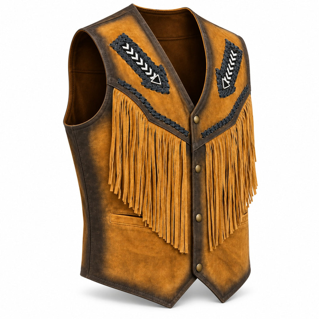 Suede Western Leather Vest with Fringes&amp; Beaded Unisex