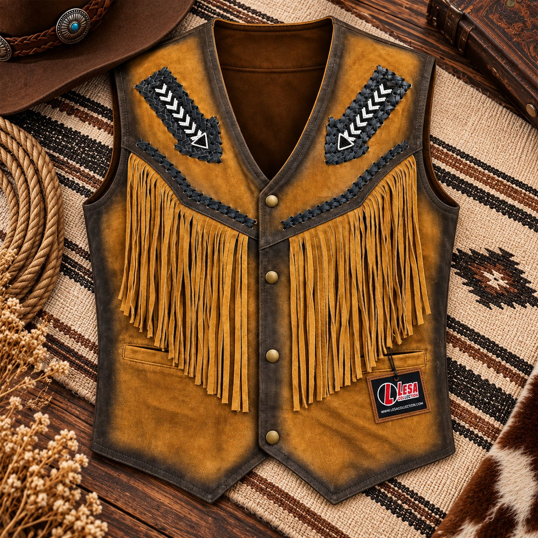 Suede Western Leather Vest with Fringes&amp; Beaded Unisex
