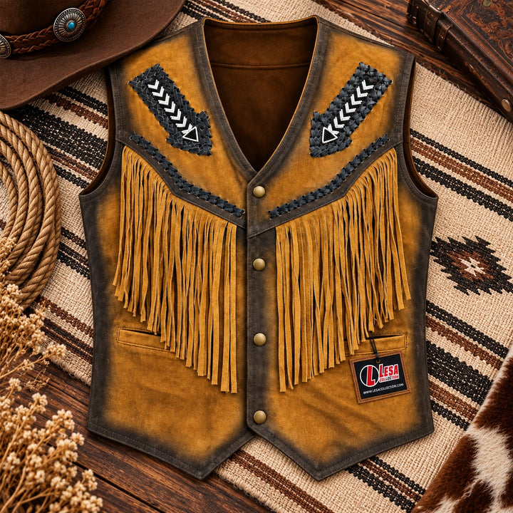 Suede Western Leather Vest with Fringes&amp; Beaded Unisex