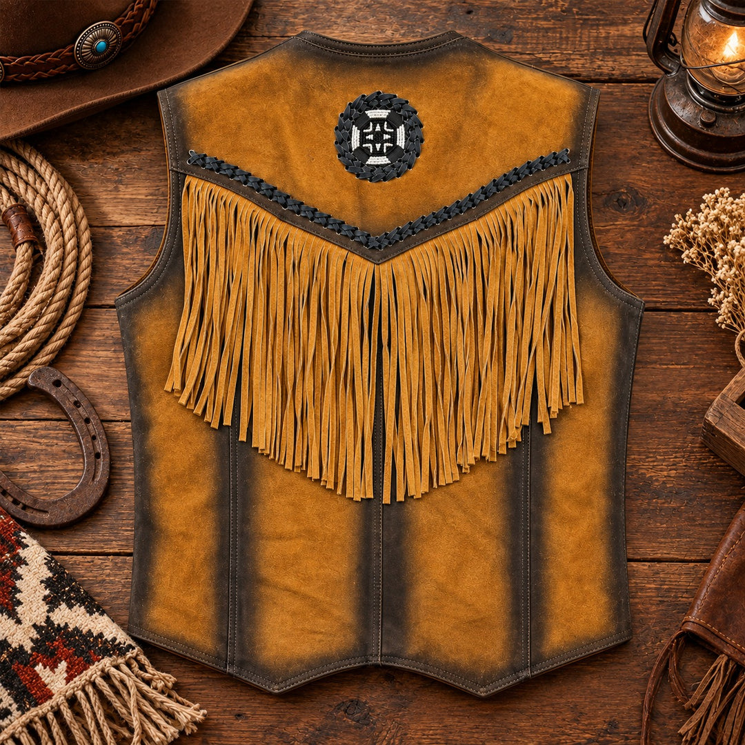 Suede Western Leather Vest with Fringes&amp; Beaded Unisex