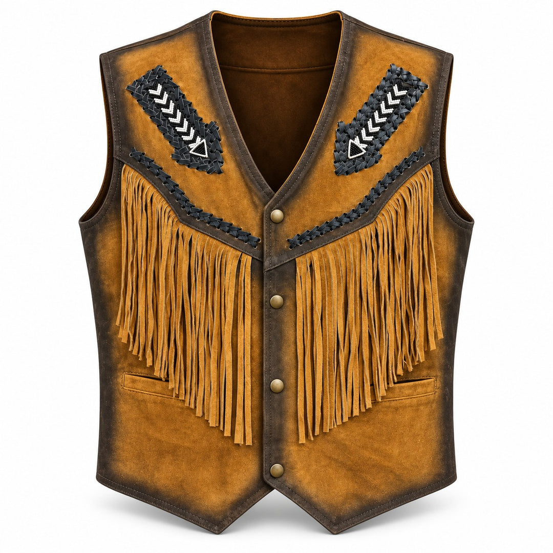 Suede Western Leather Vest with Fringes&amp; Beaded Unisex