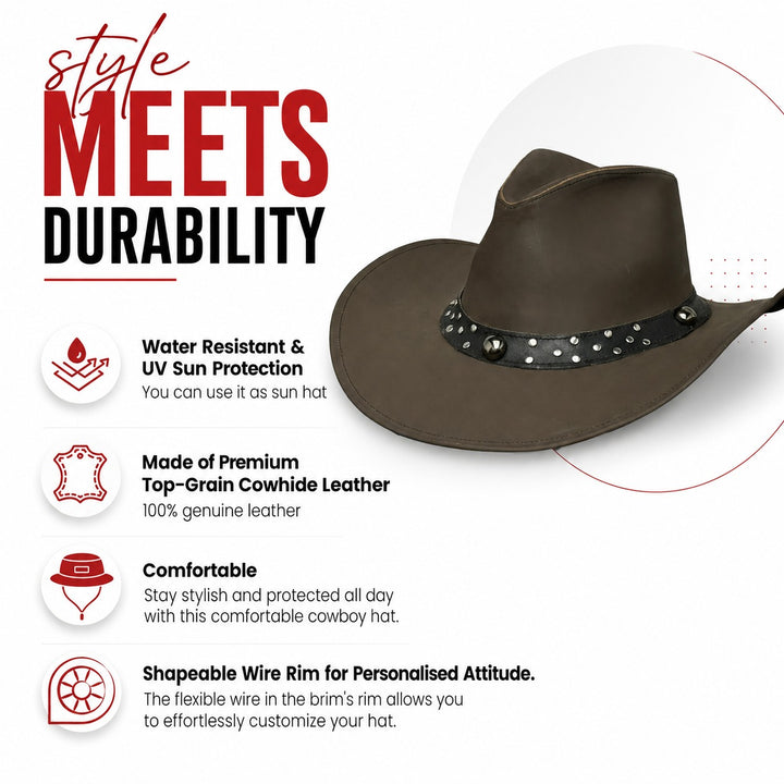 Leather Scootin Bar Cowboy Hat – 100% Top Grain Leather Western Hat for Men &amp; Women, Shapeable Brim, Handcrafted Outback Hat
