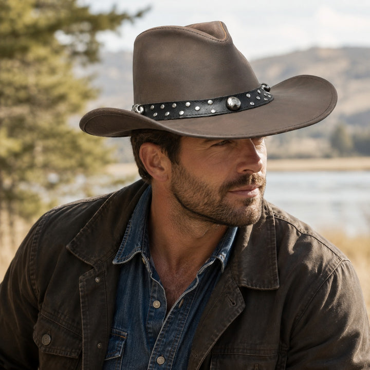 Leather Scootin Bar Cowboy Hat – 100% Top Grain Leather Western Hat for Men &amp; Women, Shapeable Brim, Handcrafted Outback Hat