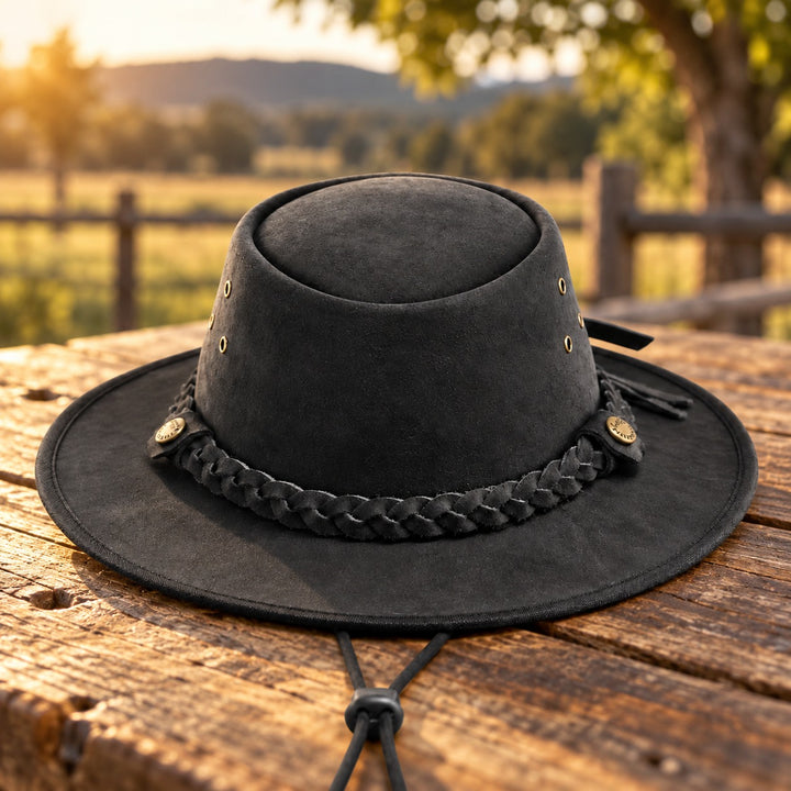 Black Australian Western Cowboy Kids Safari Leather Hat
