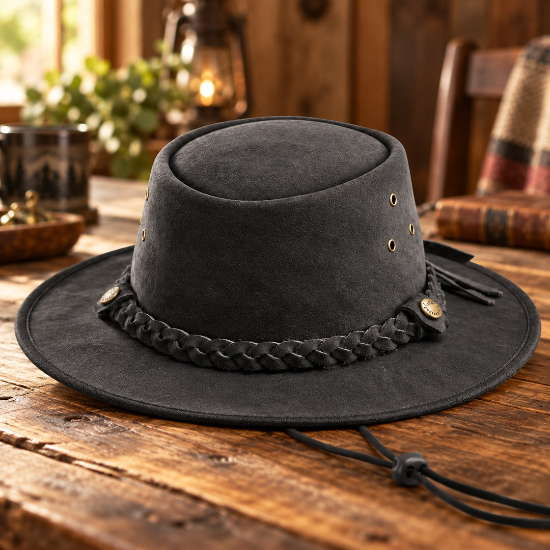 Black Australian Western Cowboy Kids Safari Leather Hat