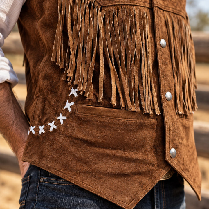 Suede Western  Leather Vest with Fringes&amp; Beaded Accents