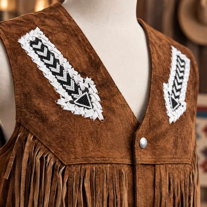 Suede Western  Leather Vest with Fringes&amp; Beaded Accents