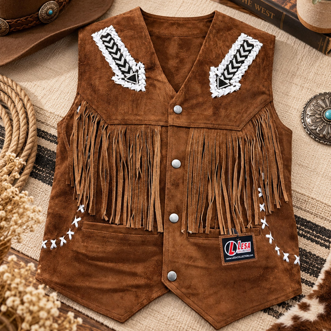 Suede Western  Leather Vest with Fringes&amp; Beaded Accents