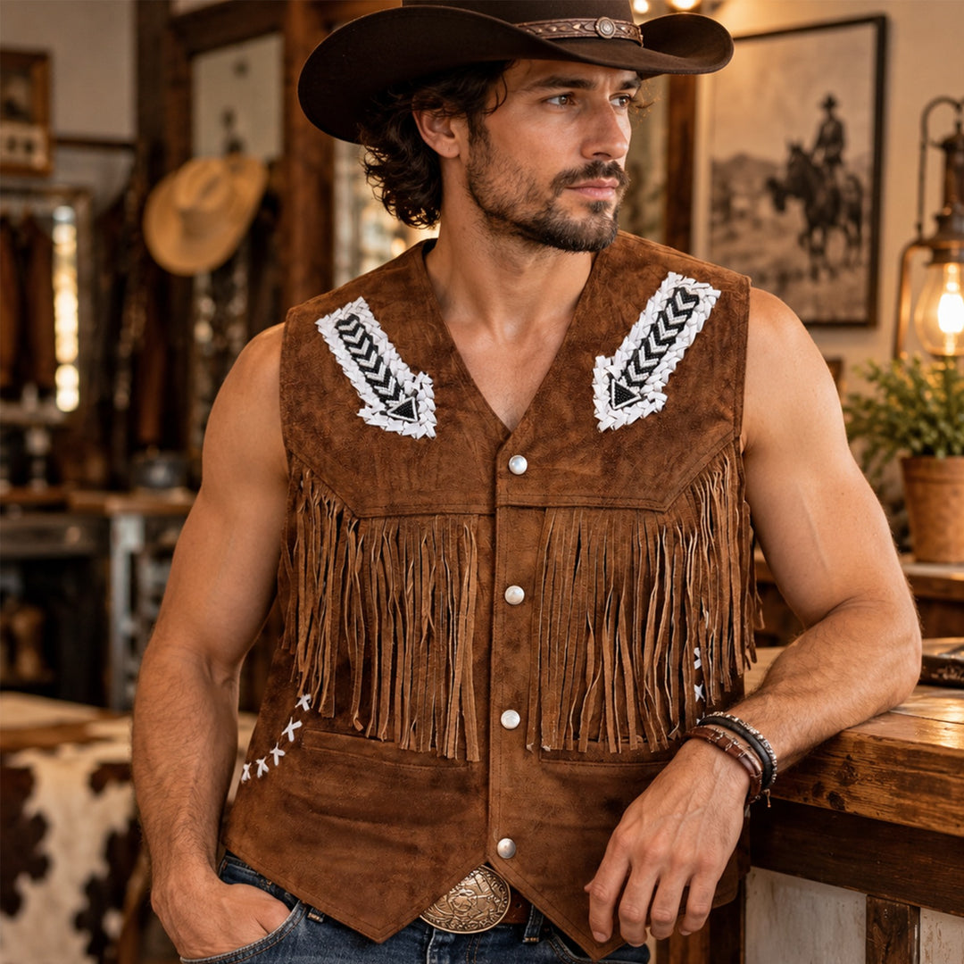 Suede Western  Leather Vest with Fringes&amp; Beaded Accents