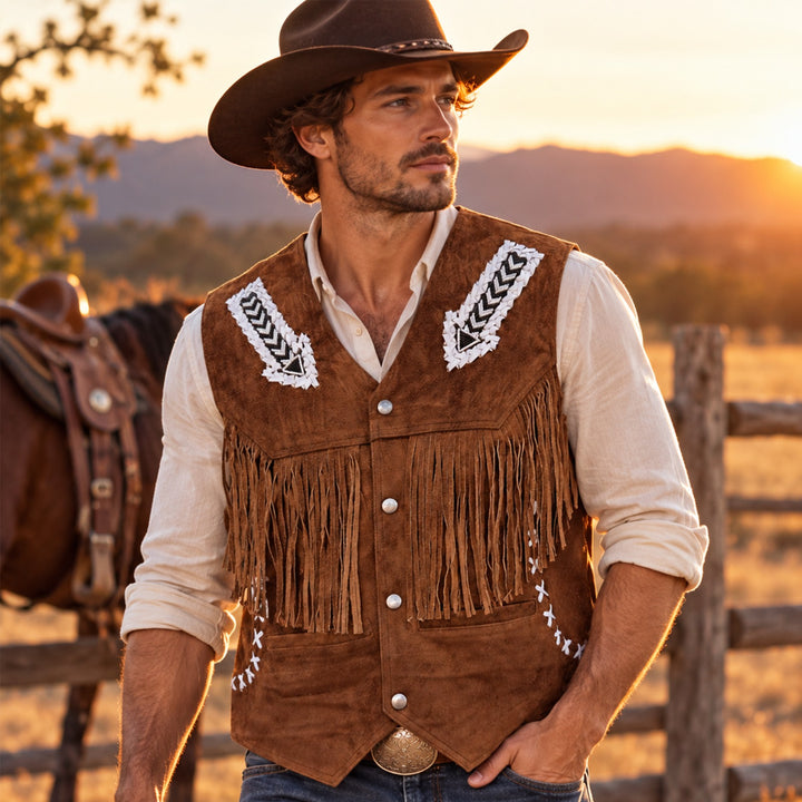 Suede Western  Leather Vest with Fringes&amp; Beaded Accents
