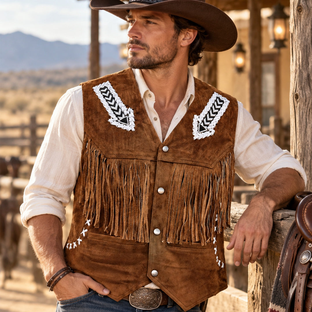 Suede Western  Leather Vest with Fringes&amp; Beaded Accents