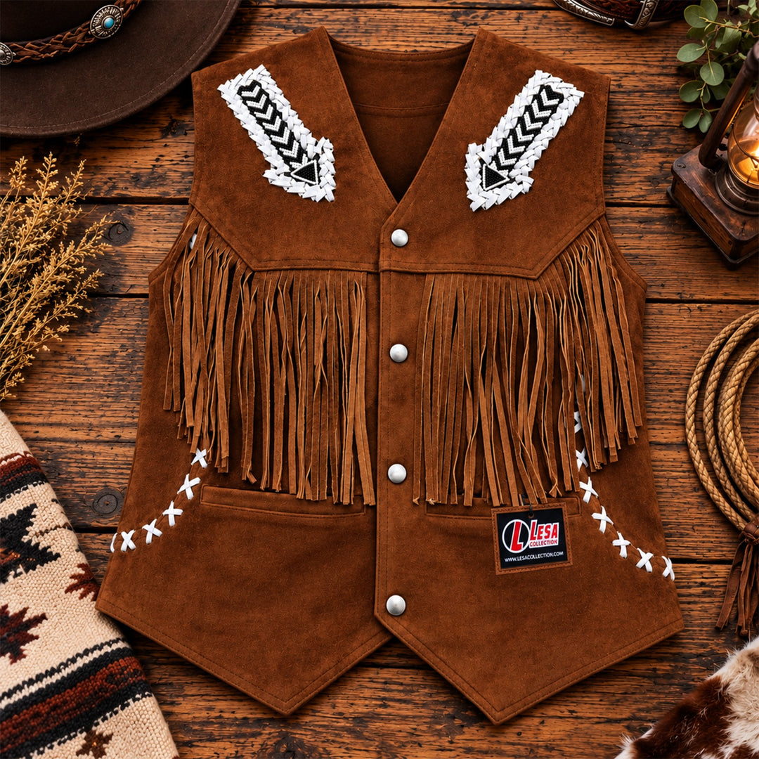 Suede Western  Leather Vest with Fringes&amp; Beaded Accents