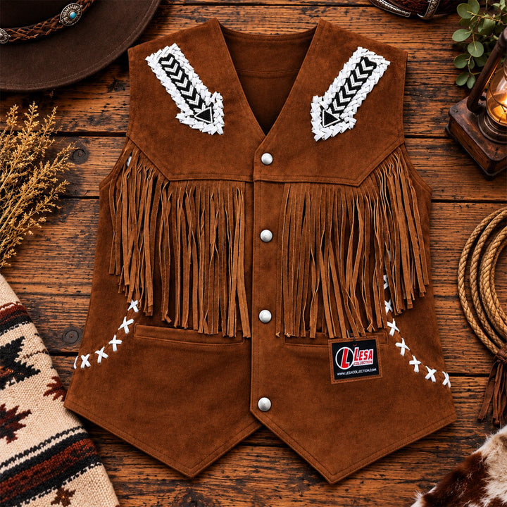 Suede Western  Leather Vest with Fringes&amp; Beaded Accents