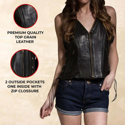 Women's Black Leather Biker Vest - Side Laces