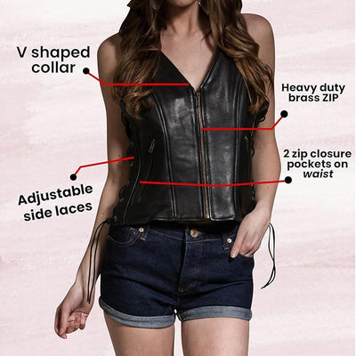 Women's Black Leather Biker Vest - Side Laces