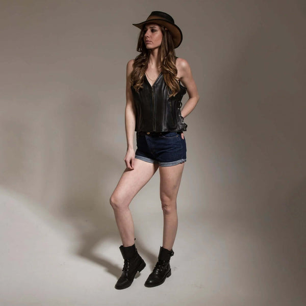 Women's Black Leather Biker Vest - Side Laces