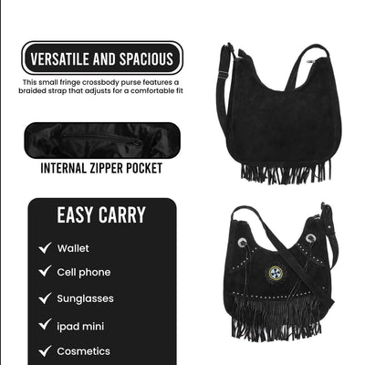 Women's Black Suede Fringe Purse Crossbody Shoulder Bag