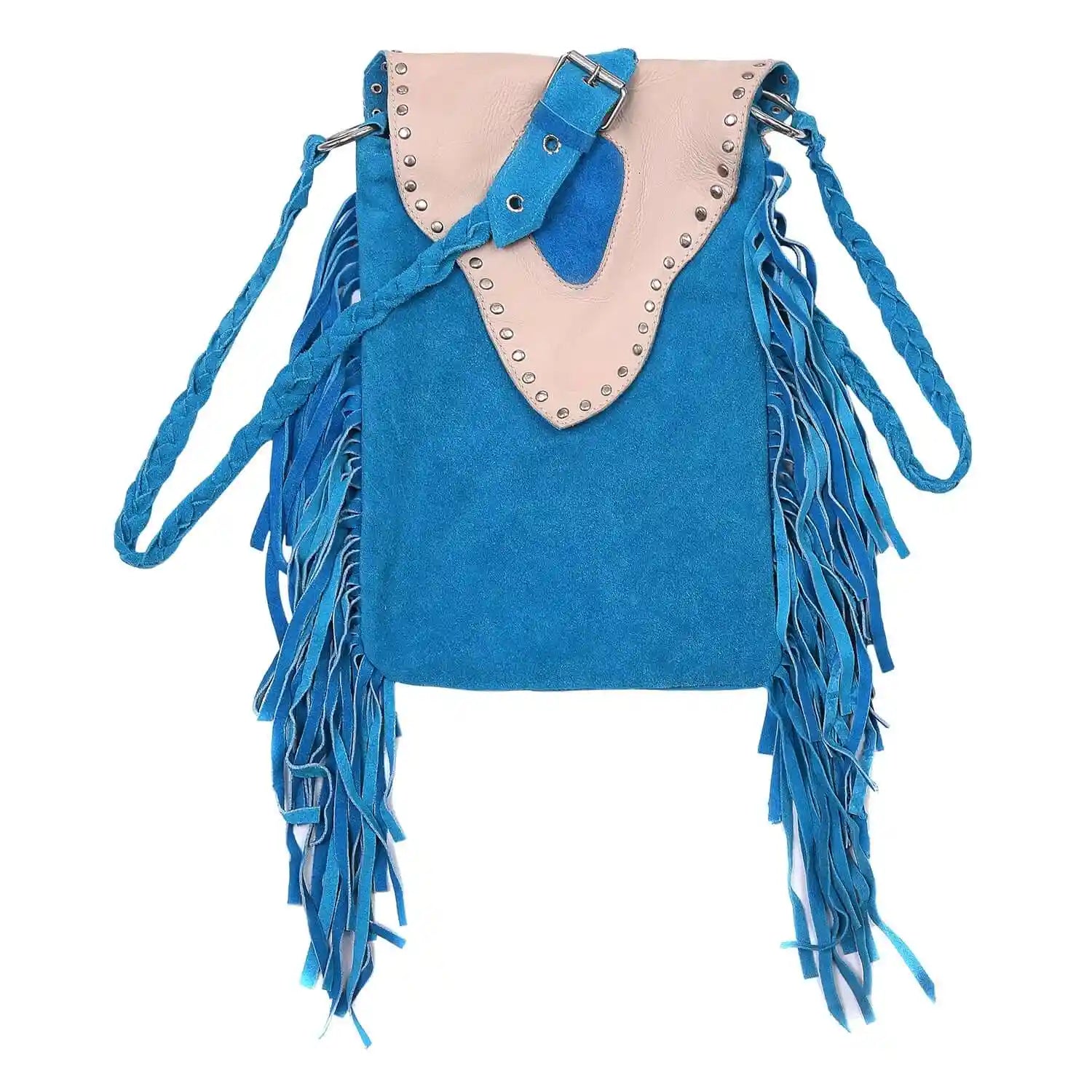 Women’s Suede Fringe Boho Cyan Blue Leather Crossbody Bag