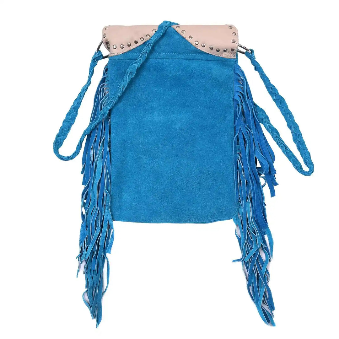 Women’s Suede Fringe Boho Cyan Blue Leather Crossbody Bag