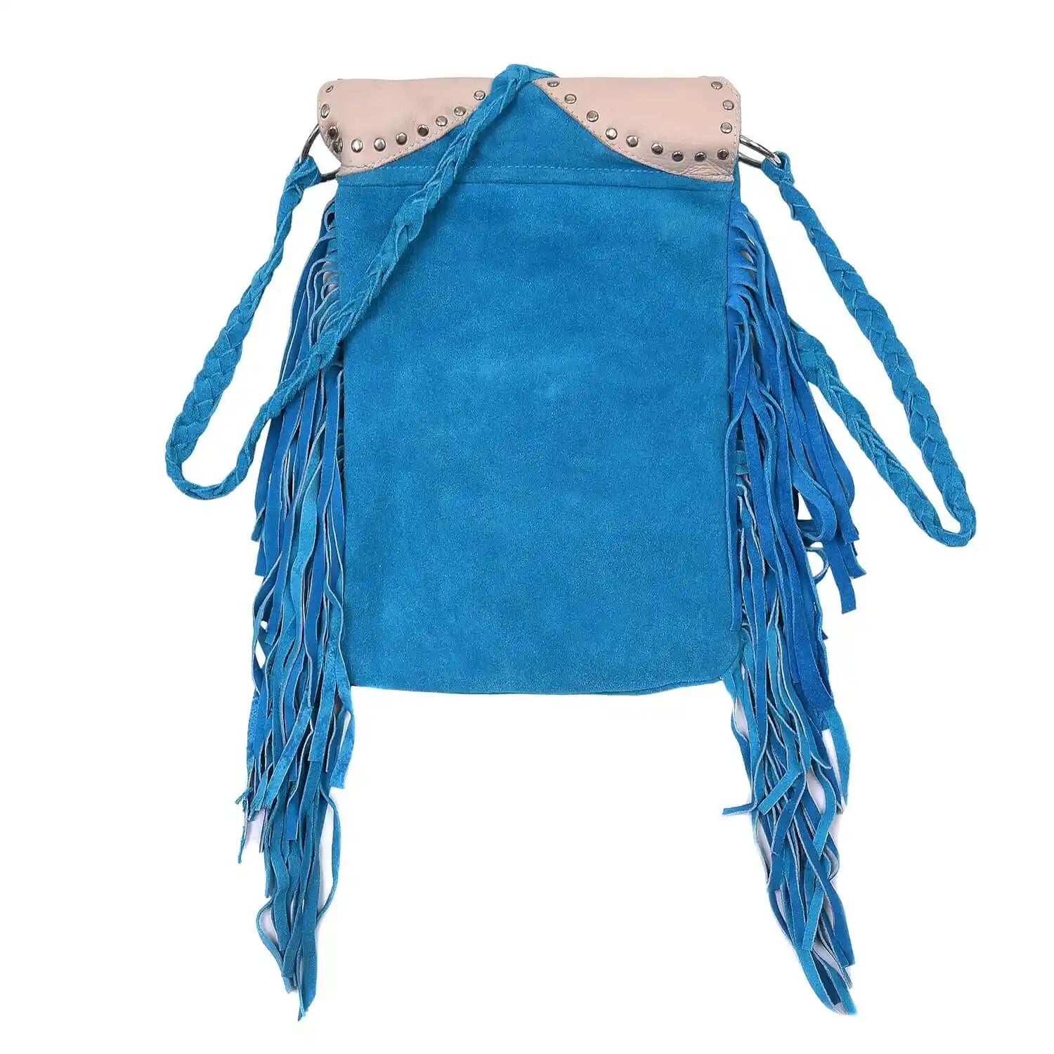 Women’s Suede Fringe Boho Cyan Blue Leather Crossbody Bag