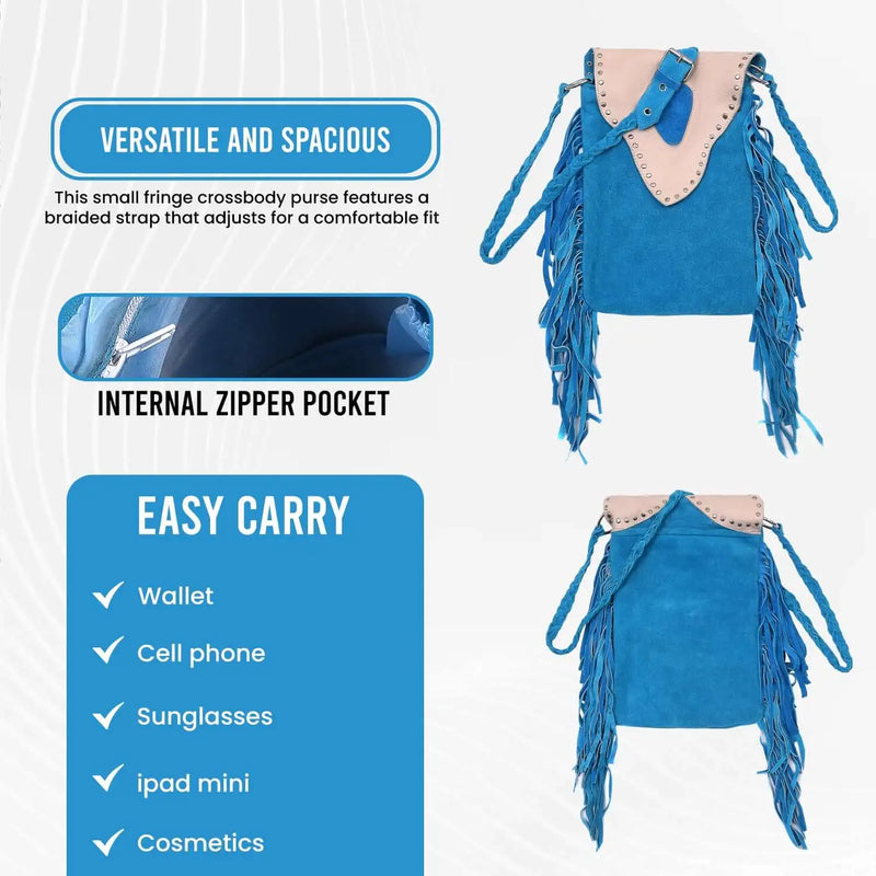 Women’s Suede Fringe Boho Cyan Blue Leather Crossbody Bag