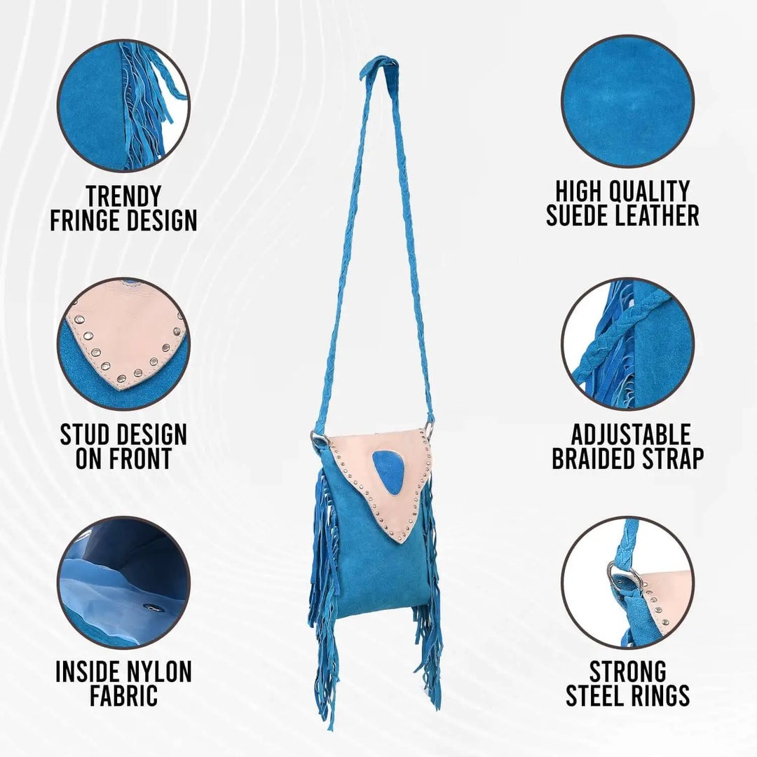 Women’s Suede Fringe Boho Cyan Blue Leather Crossbody Bag