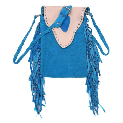 Women’s Suede Fringe Boho Cyan Blue Leather Crossbody Bag