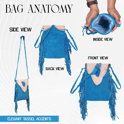 Women’s Suede Fringe Boho Cyan Blue Leather Crossbody Bag