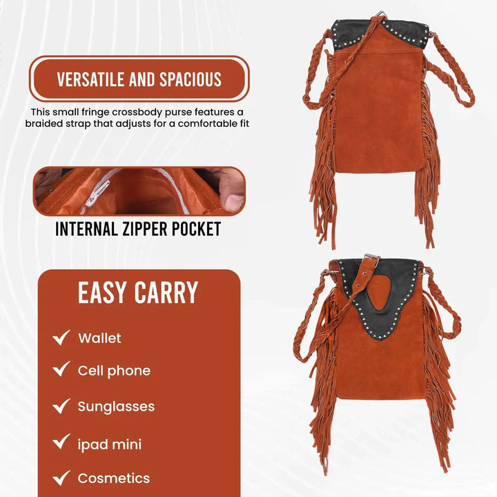 Women’s Suede Fringe Boho Rusty Brown Leather Crossbody Bag
