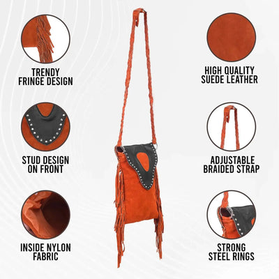 Women’s Suede Fringe Boho Rusty Brown Leather Crossbody Bag