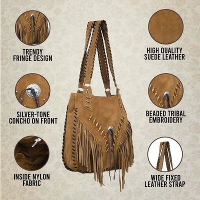 Women's Vintage Brown Suede Fringe Purse Tassel Shoulder Bag