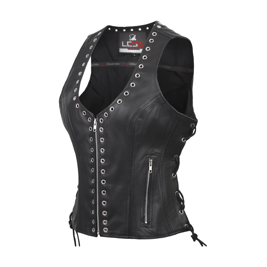 Womens Black Leather Motorcycle Vest Eyelet Trim