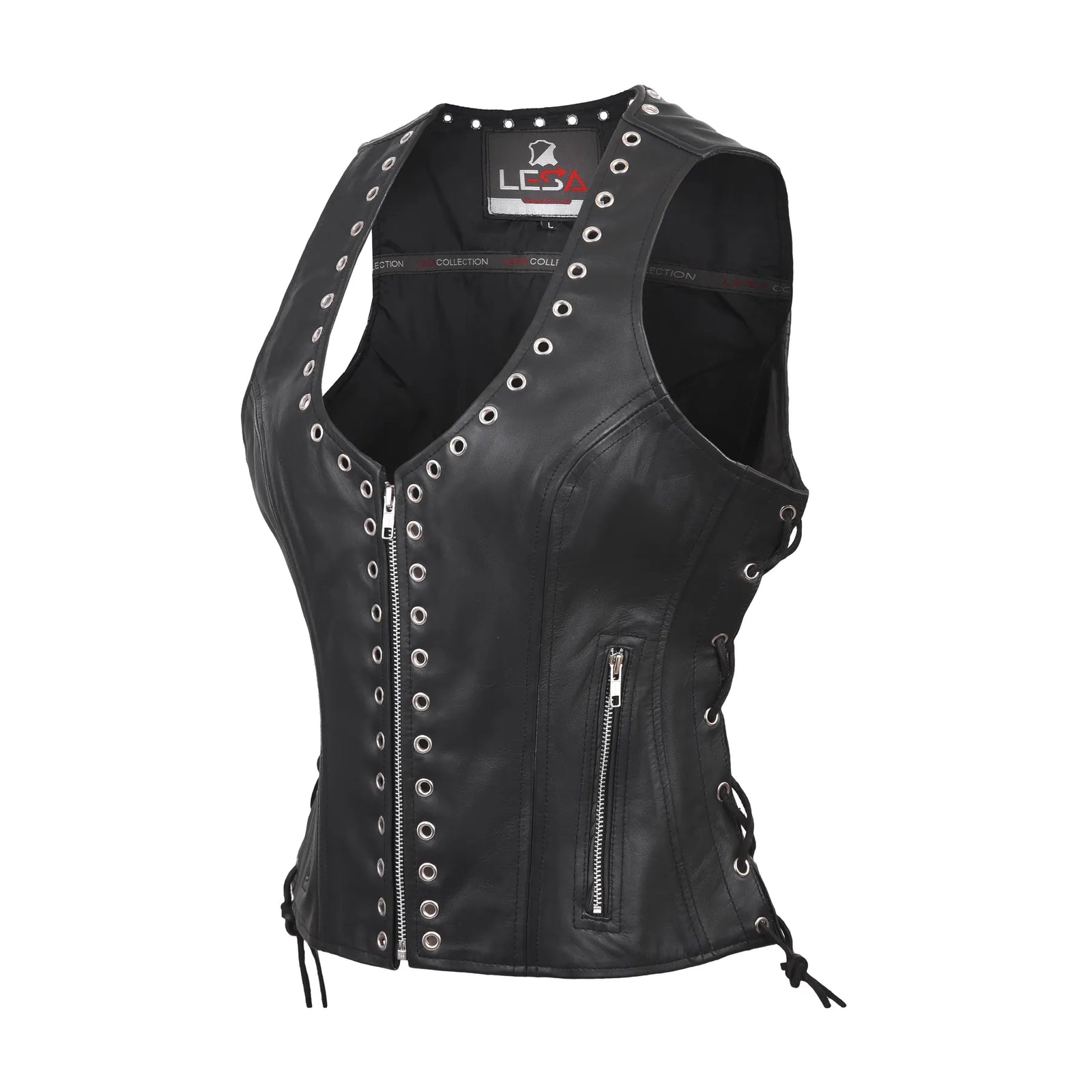 Womens Black Leather Motorcycle Vest Eyelet Trim