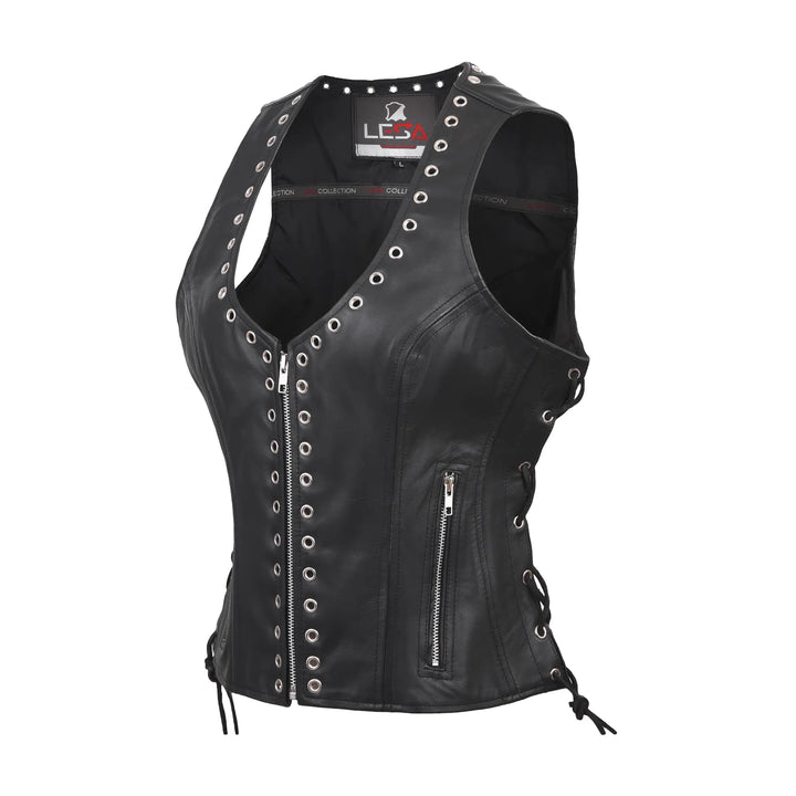 Womens Black Leather Motorcycle Vest Eyelet Trim
