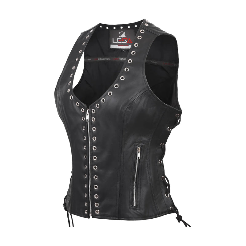 Womens Black Leather Motorcycle Vest Eyelet Trim Gun Biker