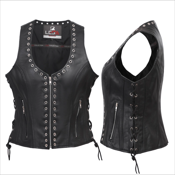 Womens Black Leather Motorcycle Vest Eyelet Trim