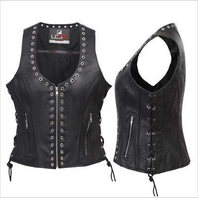 Womens Black Leather Motorcycle Vest Eyelet Trim Gun Biker