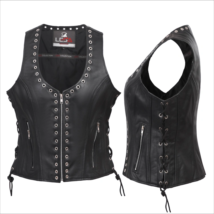 Womens Black Leather Motorcycle Vest Eyelet Trim Gun Biker