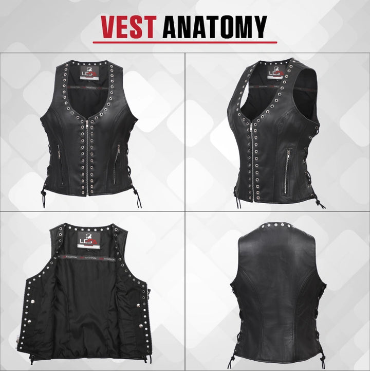 Womens Black Leather Motorcycle Vest Eyelet Trim