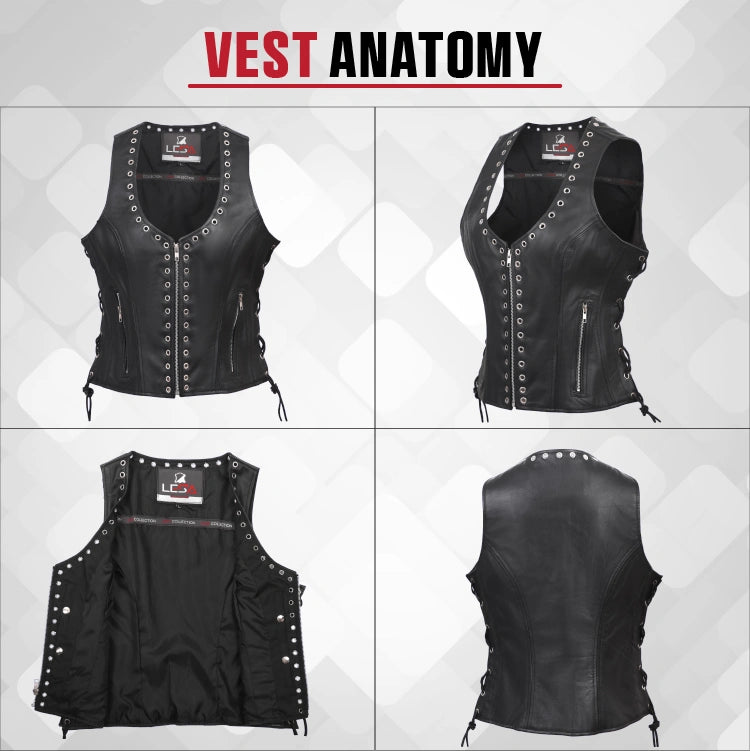 Womens Black Leather Motorcycle Vest Eyelet Trim Gun Biker