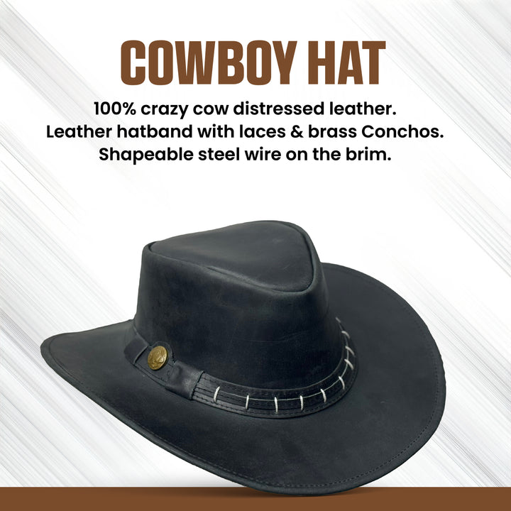 Maracaibo Leather Cowboy Hat for Men &amp; Women – Genuine Cowhide Outback Hat with Shapeable Brim, Handcrafted Western Style