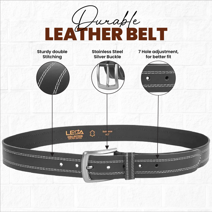 Berreri Men’s Genuine Leather Belt For Men With Strong Metal Buckle With Durable Double Stitching