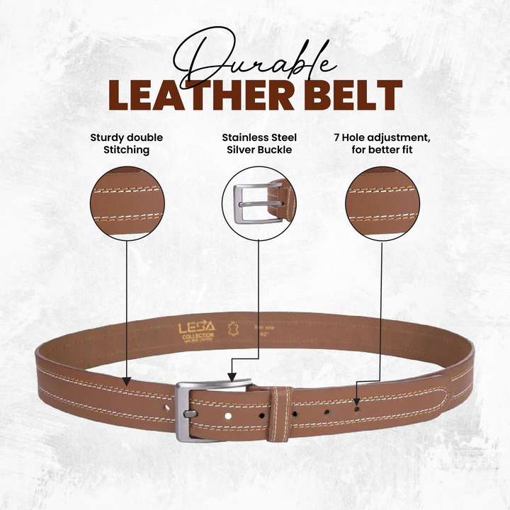 Berreri Men’s Genuine Leather Belt For Men With Strong Metal Buckle With Durable Double Stitching