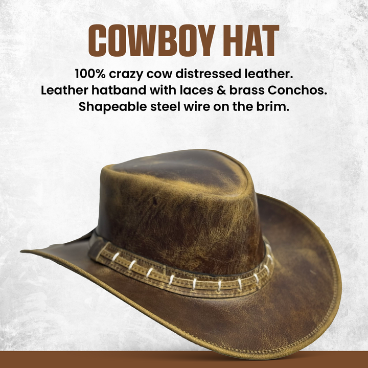 Maracaibo Leather Cowboy Hat for Men &amp; Women – Genuine Cowhide Outback Hat with Shapeable Brim, Handcrafted Western Style