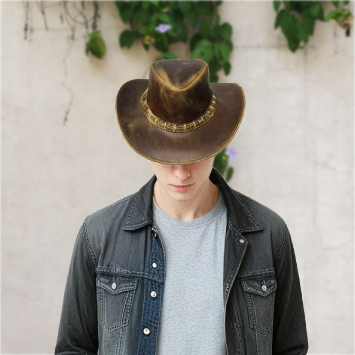 Maracaibo Leather Cowboy Hat for Men &amp; Women – Genuine Cowhide Outback Hat with Shapeable Brim, Handcrafted Western Style