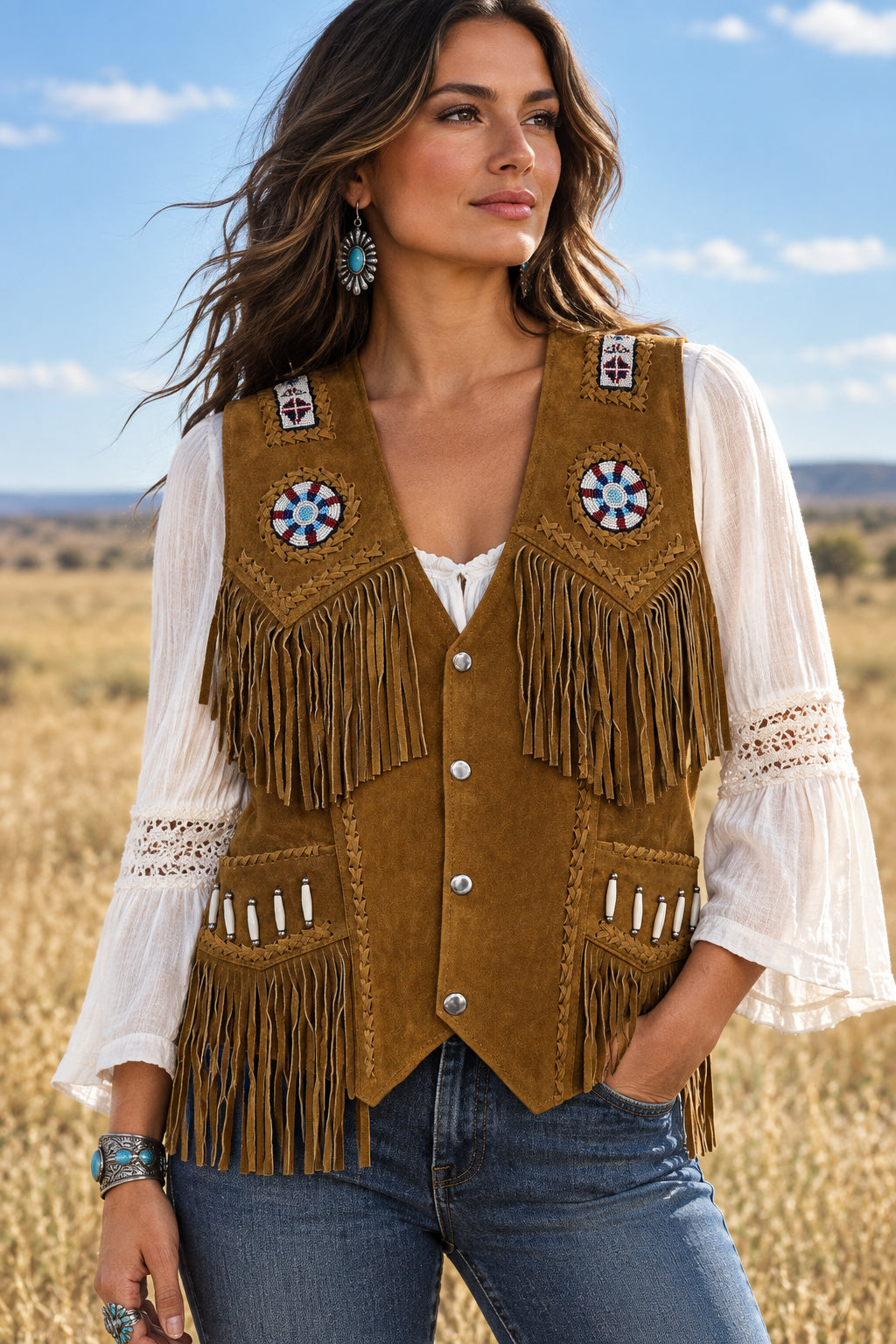 Suede Leather Vest with Fringes  waistcoat with beaded